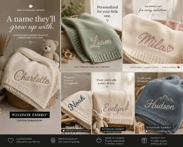 Baby hats embroidered with names in soft neutral colours.